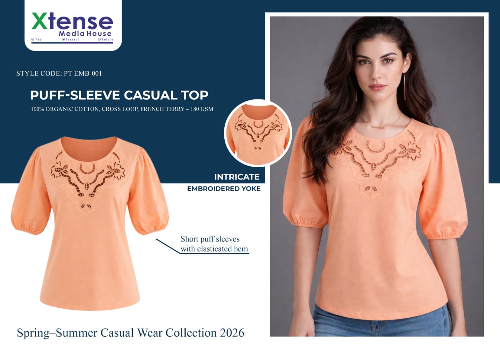 Peach Embroidered Puff Sleeve Top