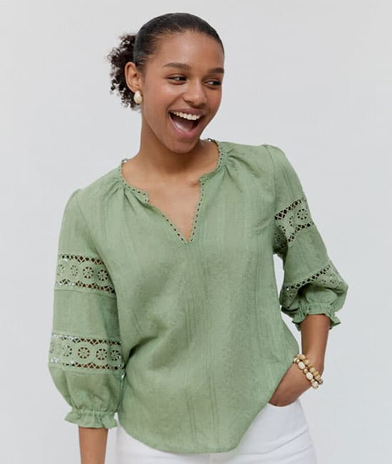 Sage Lace Detail Puff Blouse